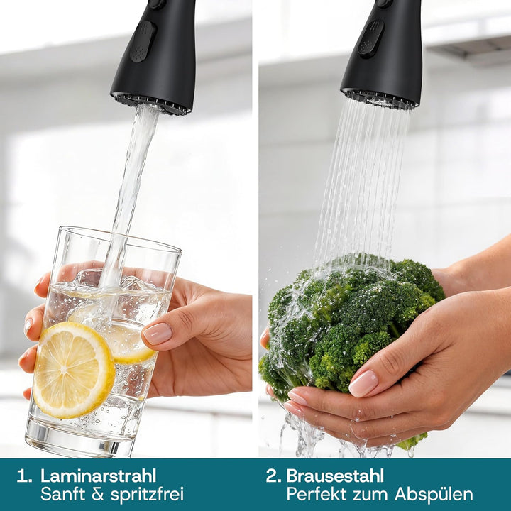 Engelbach® Wasserhahn Küche Schwarz - ausziehbar & 360 Grad schwenkbar für maximale Reichweite - 304