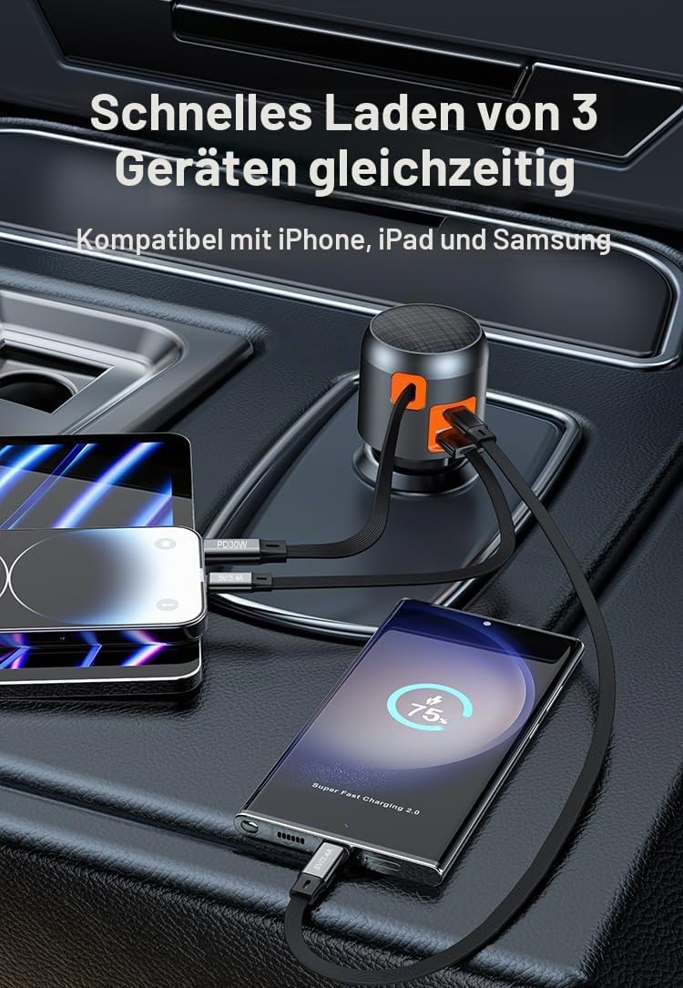 Zigarettenanzünder Ladegerät USB C Retractable 60W PD QC 3.0 Autoladegerät Compact Quick Charge Komp