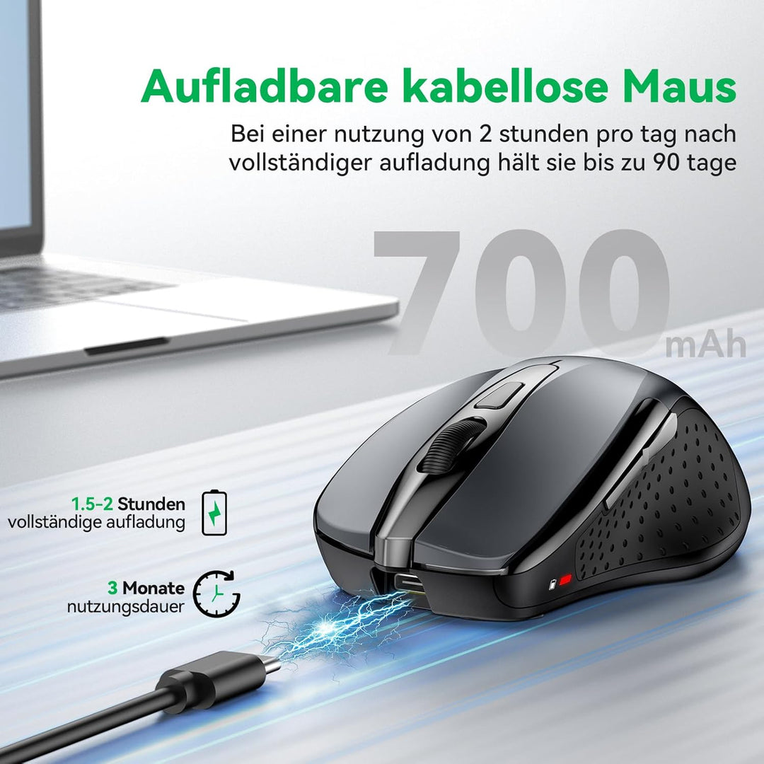 TechRise Bluetooth Maus, 2.4G Kabellose Maus (BT 5.0/3.0 + 2.4G), 4800 DPI Wiederaufladbare Ergonomi