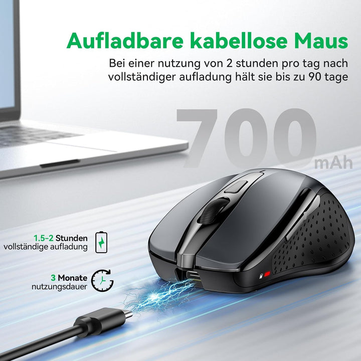 TechRise Bluetooth Maus, 2.4G Kabellose Maus (BT 5.0/3.0 + 2.4G), 4800 DPI Wiederaufladbare Ergonomi