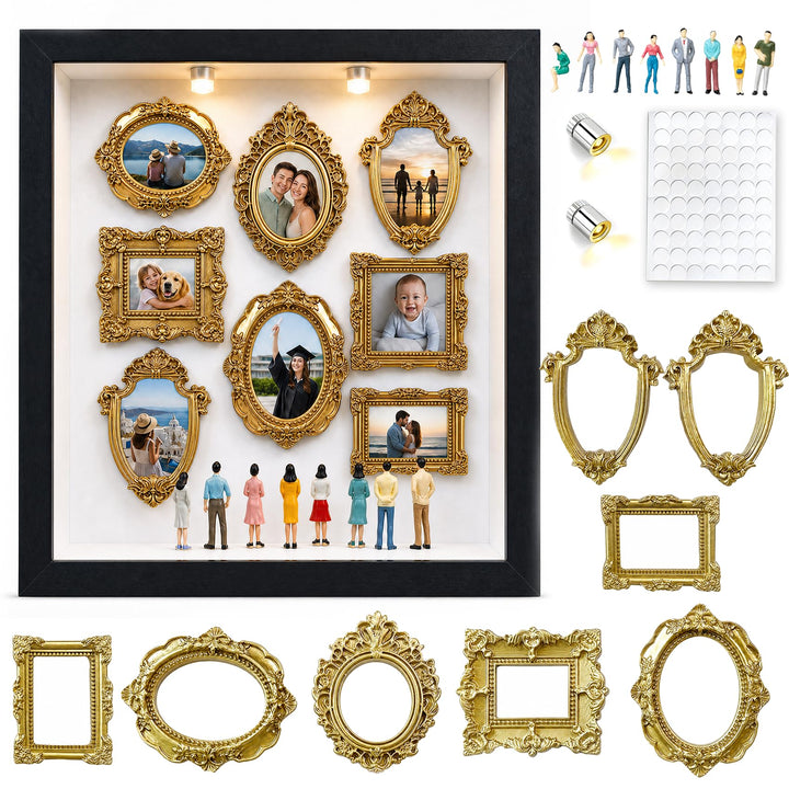 DIY Mini Museum Bilderrahmen Vintage, 9-Zoll Museum of Us Silhouette Box mit 8 Mini Figuren, 8 Golde