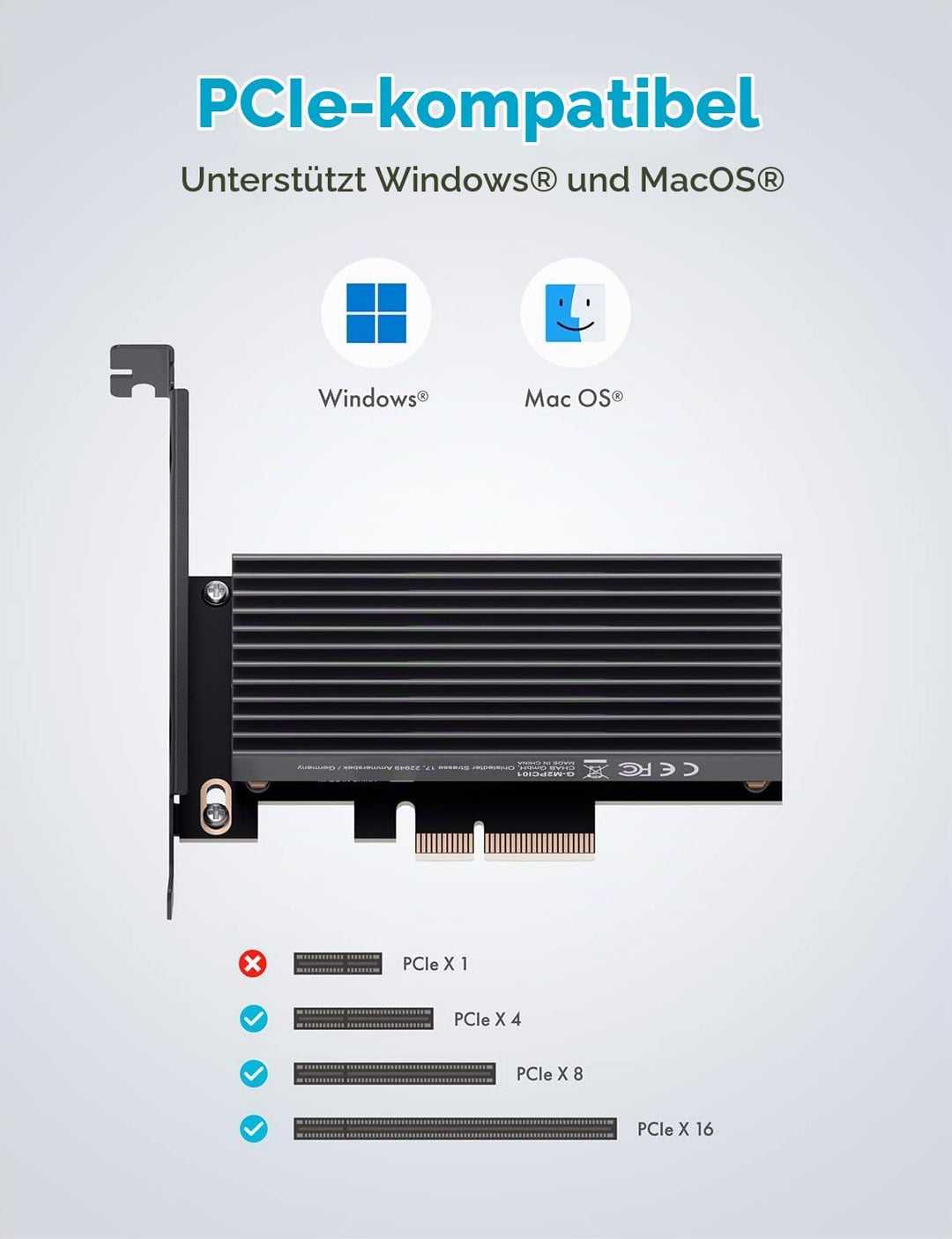 GRAUGEAR M.2 PCIe 4.0 Adapter-Karte für NVMe SSD, M-Key, grosser Aluminium-Kühlkörper, Unterstützt 2