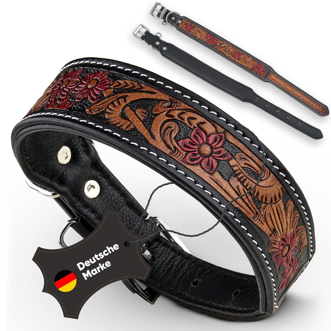 MICHUR Flora Hundehalsband Leder, Lederhalsband Hund, Halsband, SCHWARZ Rot Braun, Leder, mit roten