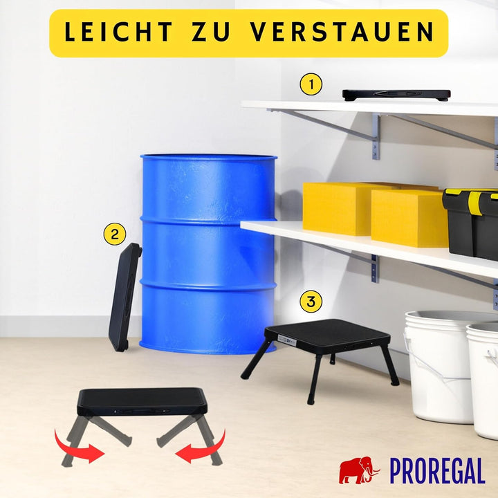 PROREGAL Tritthocker klappbar, XXL Trittfläche 38x26cm Anti-rutsch, bis 150kg, 1,8kg leicht, schwarz