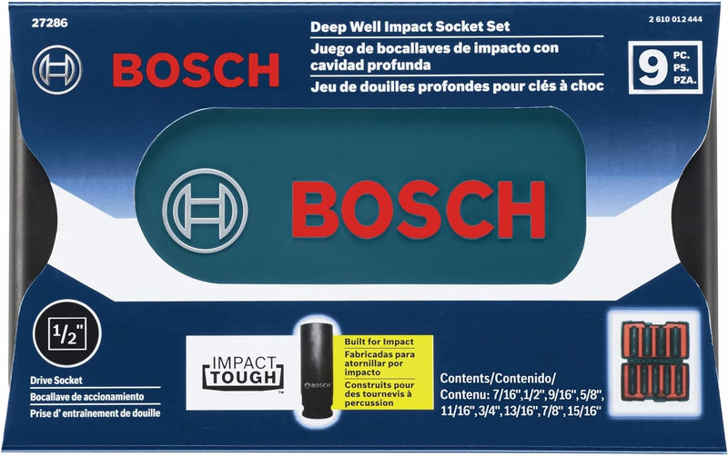 BOSCH 27286 Steckschlüsselsatz, 1/2 Zoll, tief, 9-teilig, Grau 13 mm (1/2 Zoll), tiefe Mulde, Steckd