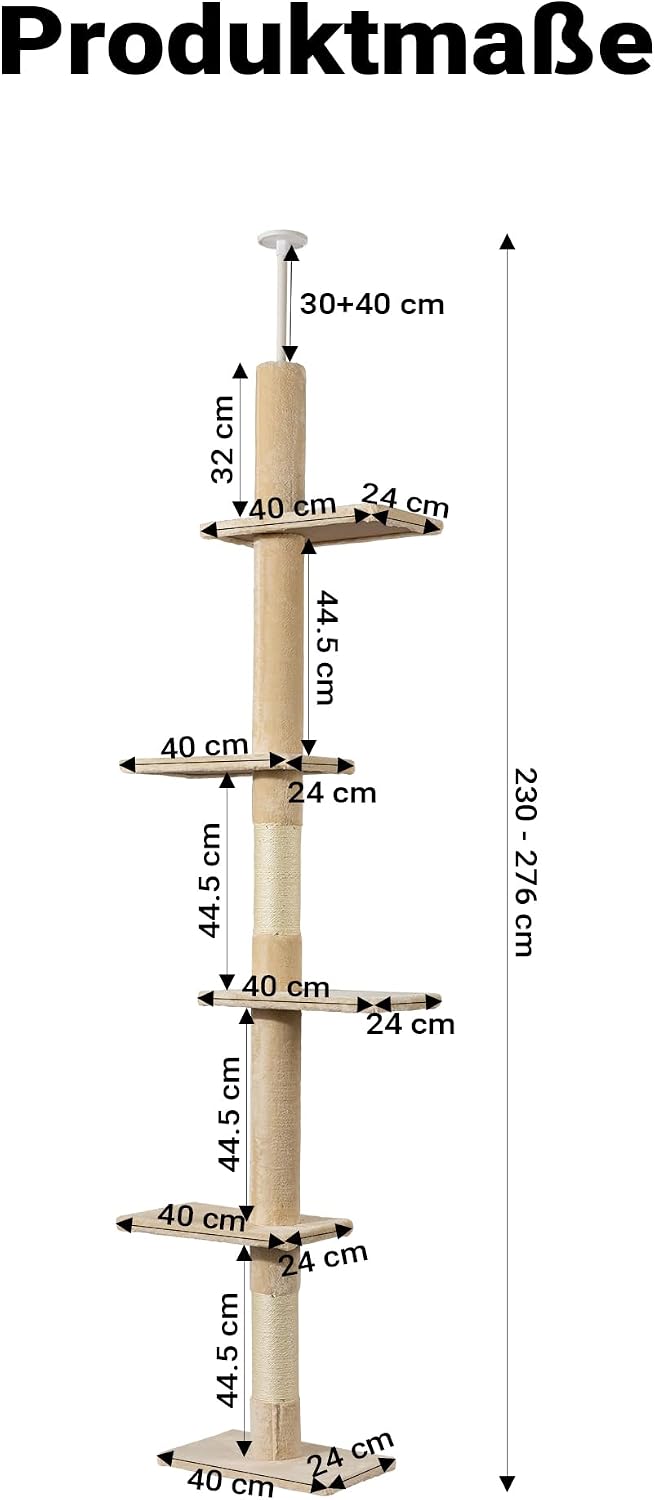 Fudajo Kratzbaum deckenhoch 230–276 cm in Beige, Katzenkratzbaum mit 4 Ebenen, Katzenbaum Deckenspan