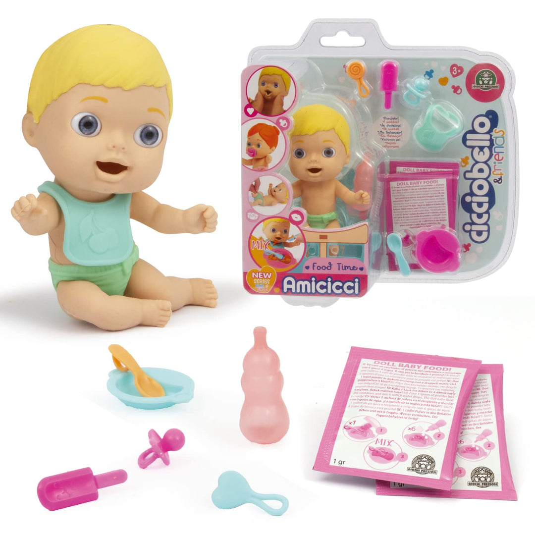 Cicciobello Amicci CC022100 Food Time Boys and Girls, Niedliche Baby Schnuller, Bunte Windel, Minifi