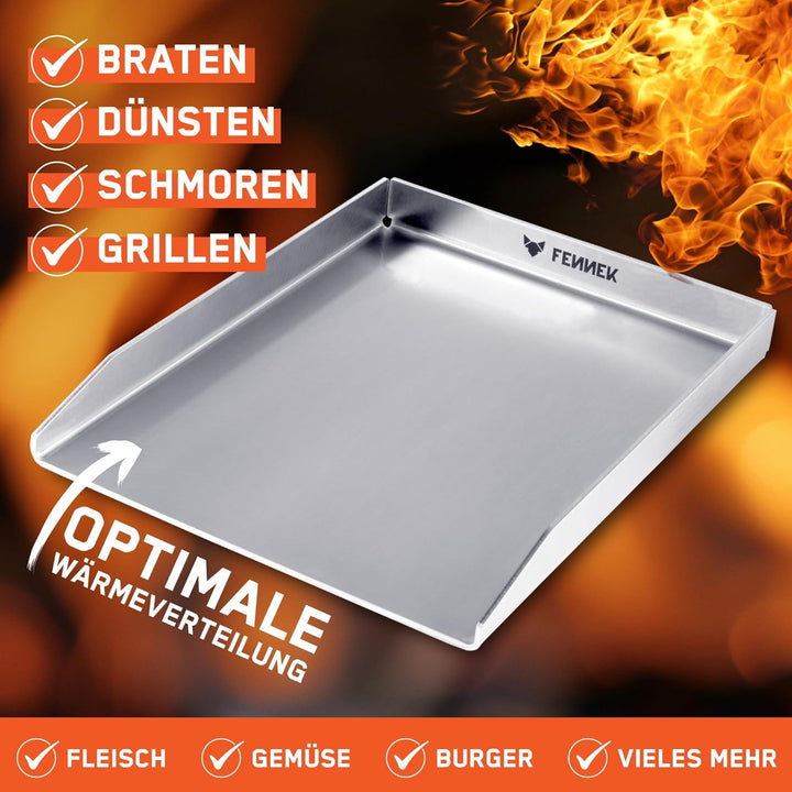 FENNEK Plancha 40 x 30 cm Teppanyaki Grillplatte ohne Vorderkante | 4,0 mm Edelstahl | Ideal für Bur