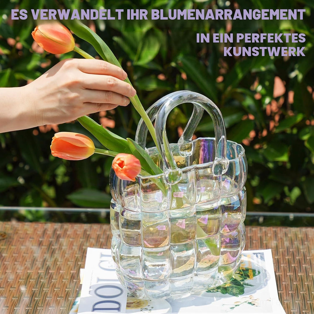 NiHome Glas-Geldbörsen-Vase, schillernde Glas-Taschen-Vase mit Griff, Handtaschen-Form, Vase für Blu