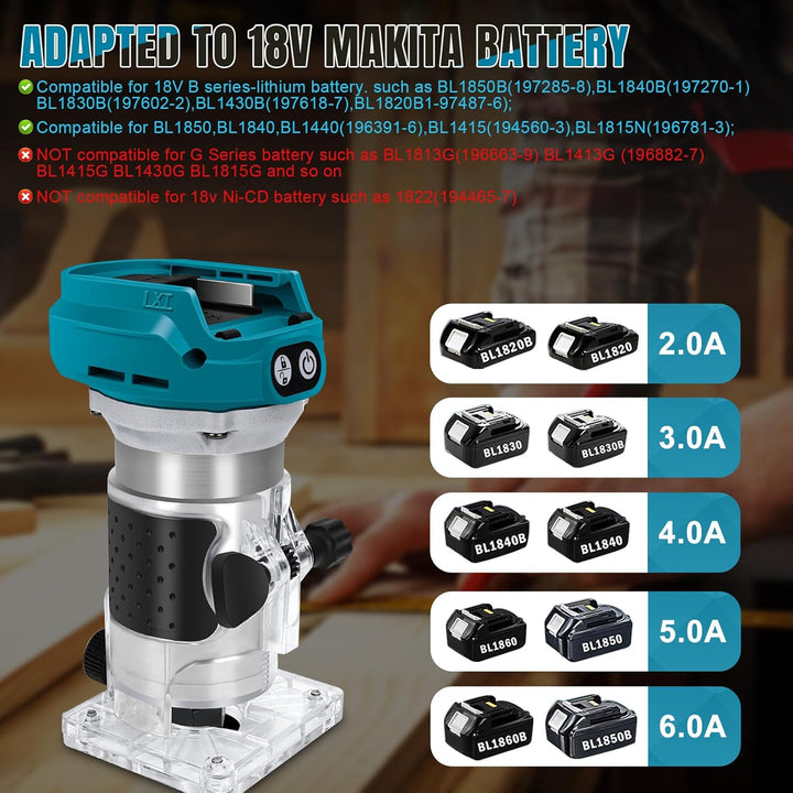 Akku Oberfräse kompatibel mit Makita 18V Batterie, 1300W Bürstenloser Kantenfräser mit 6 Geschwindig