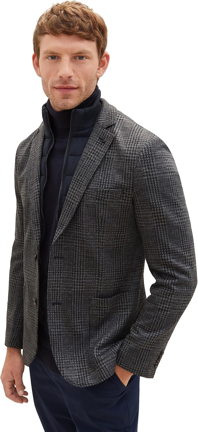 TOM TAILOR Herren 2-in-1 Sakko mit Abnehmbarer Innenjacke 54 32807 - Grey Blue Houndstooth, 54 32807