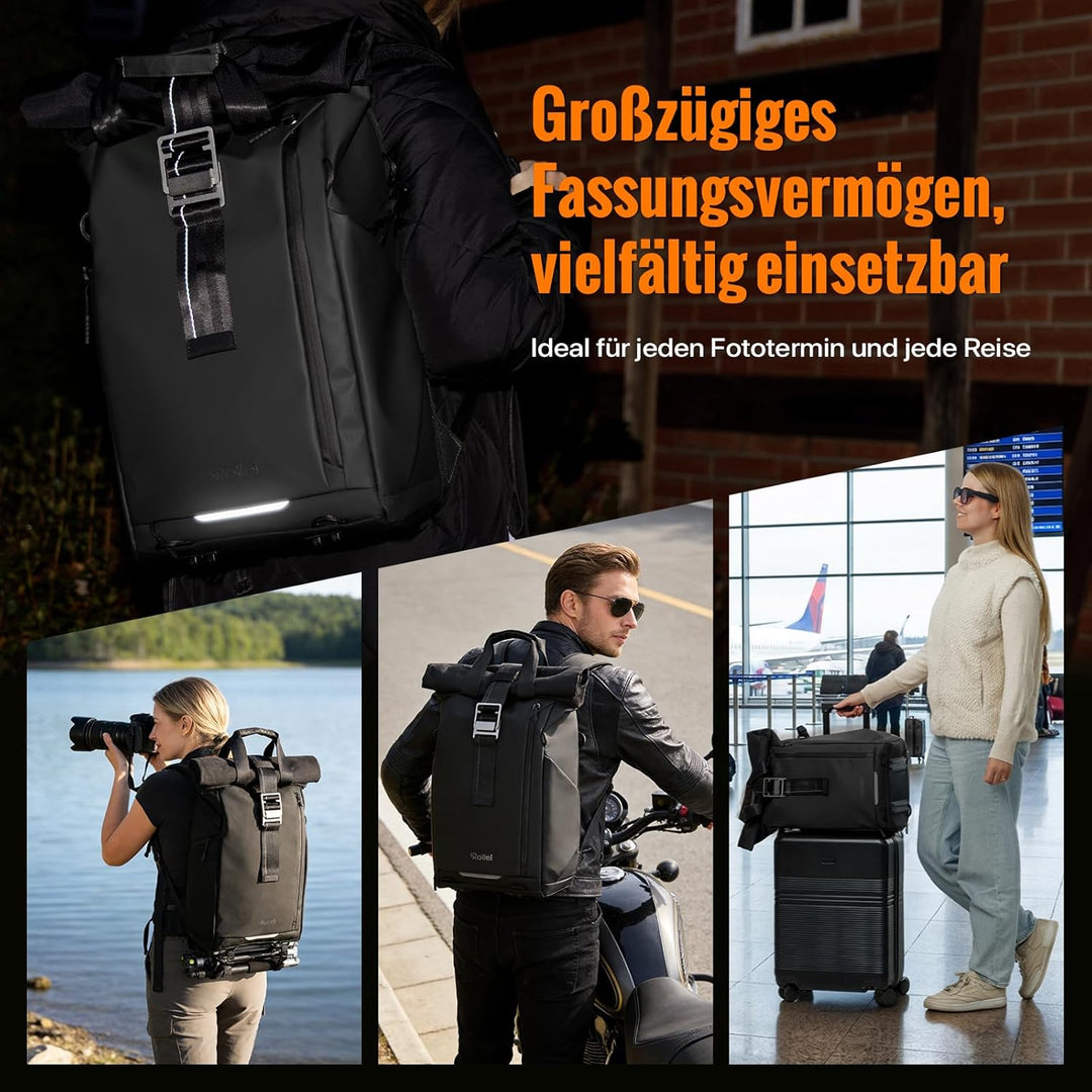 Rollei Fotoliner Ocean Rolltop Kamerarucksack Wasserdicht Fotorucksack Gross Kamera Rucksack mit Lap