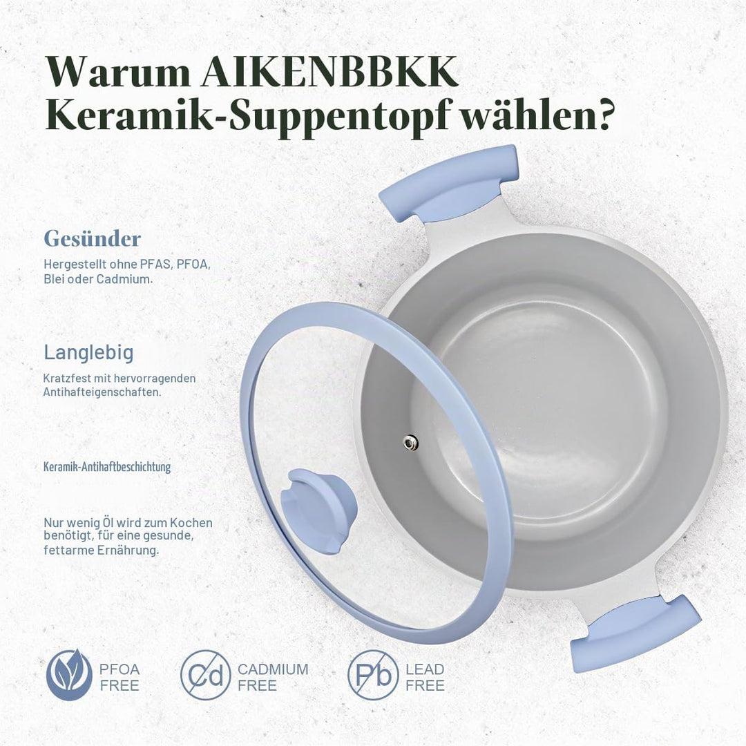 AIKENBBKK Kochtopf 24cm mit Deckel, 5L Antihaft Aluminium Schmortopf mit Keramik-Beschichtung, kühl