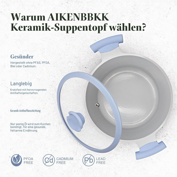 AIKENBBKK Kochtopf 24cm mit Deckel, 5L Antihaft Aluminium Schmortopf mit Keramik-Beschichtung, kühl