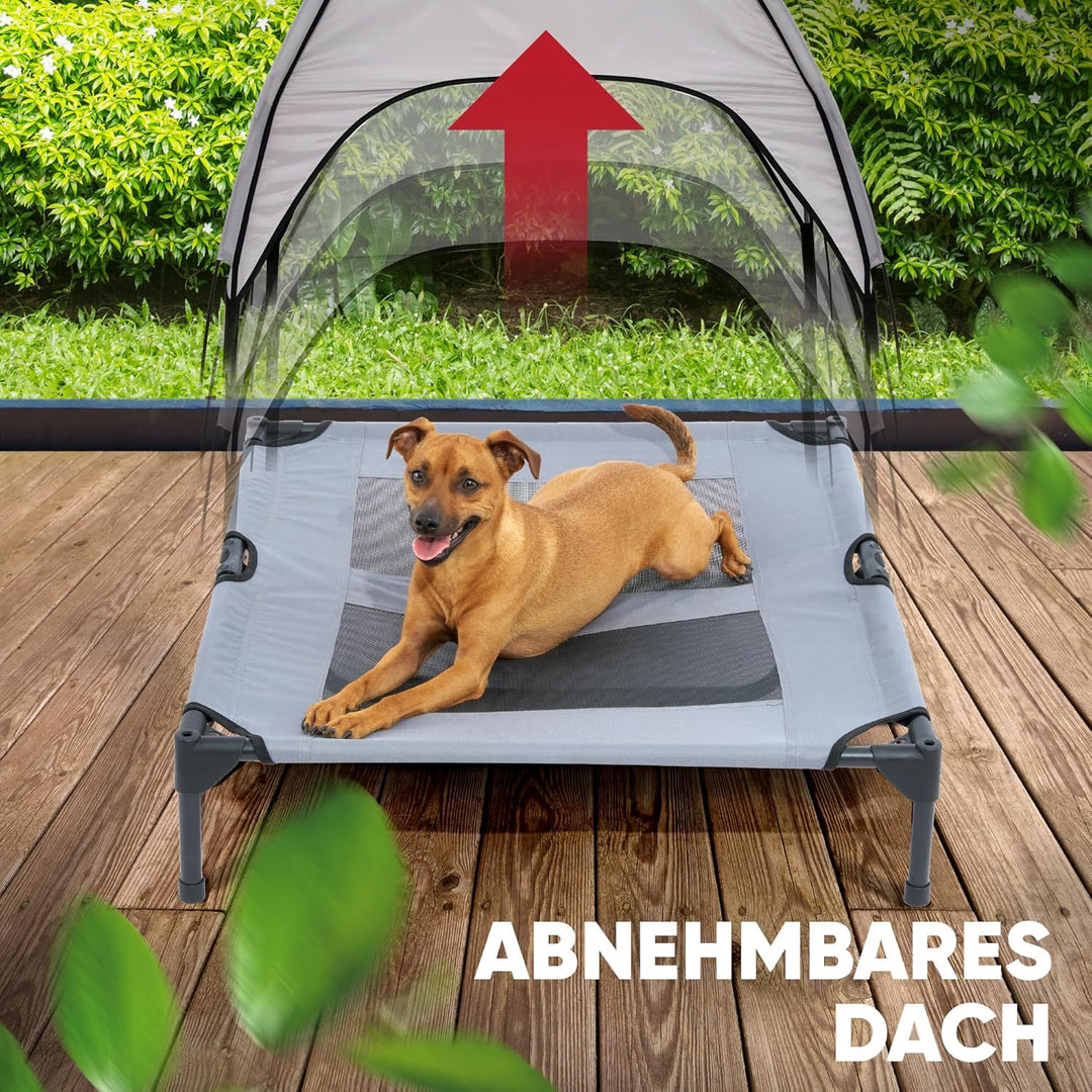 DEULINE Hundeliege mit Dach erhöhtes Hundebett Garten Outdoor Haustierliege L-91x76x18/90cm GRAU 520