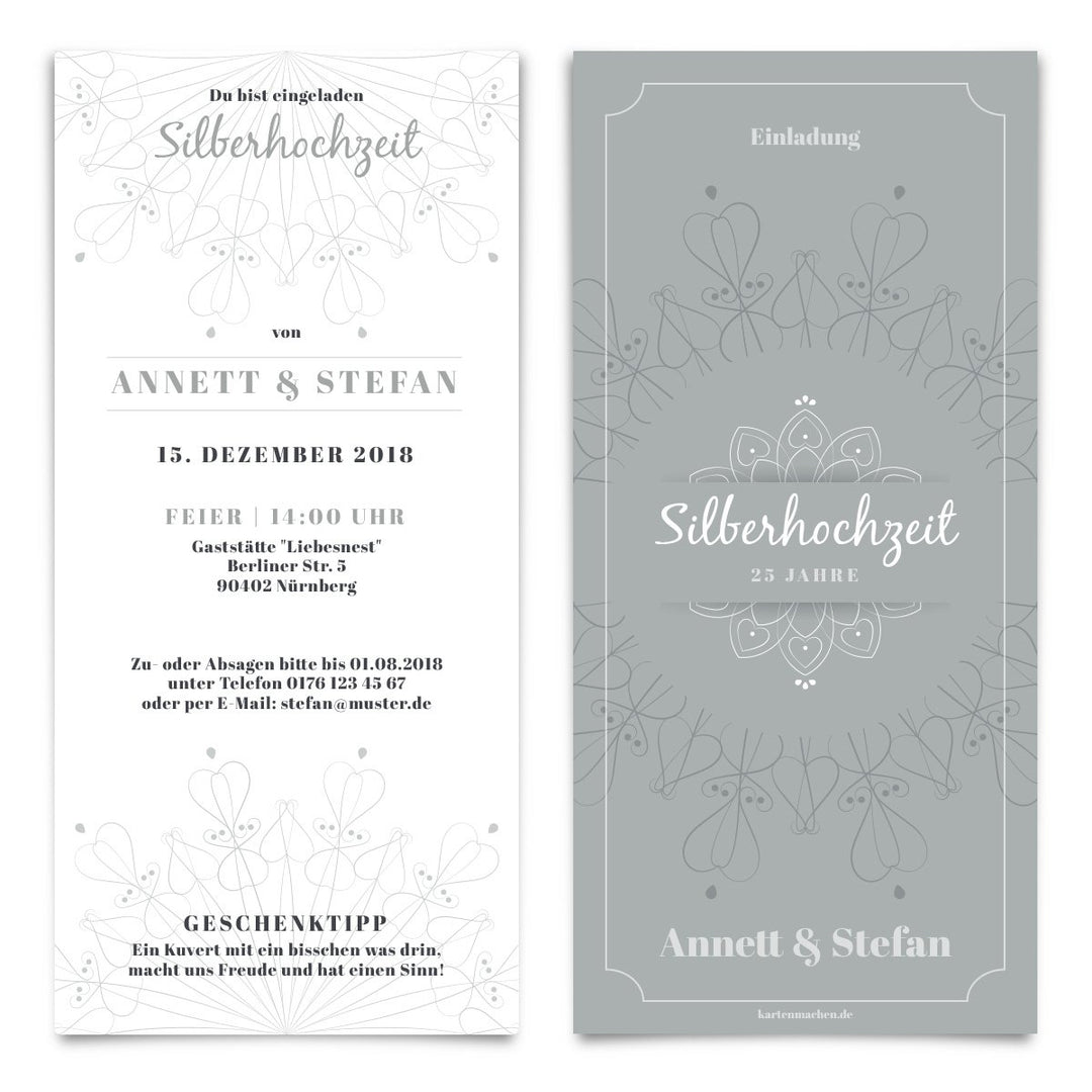 10 x Hochzeitseinladungen Silberhochzeit silberne Hochzeit Einladung individuell - Blumen Ornamente