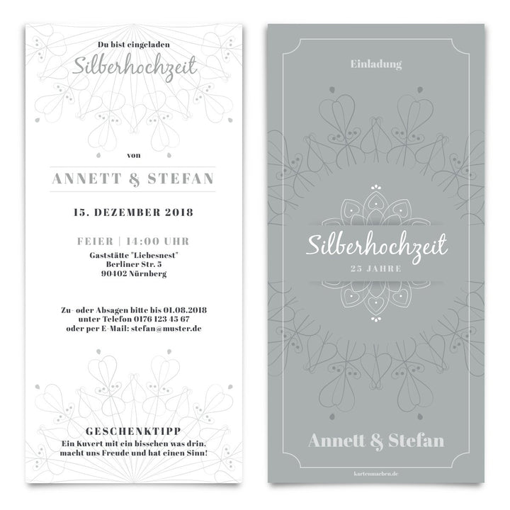 10 x Hochzeitseinladungen Silberhochzeit silberne Hochzeit Einladung individuell - Blumen Ornamente