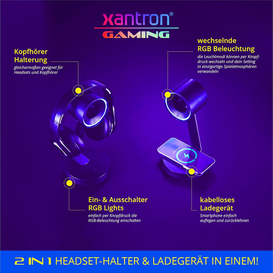 Xantron® Headset Halterung mit dynamischer RGB Beleuchtung & Induktiver Ladestation/Ideal für passio