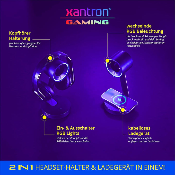Xantron® Headset Halterung mit dynamischer RGB Beleuchtung & Induktiver Ladestation/Ideal für passio