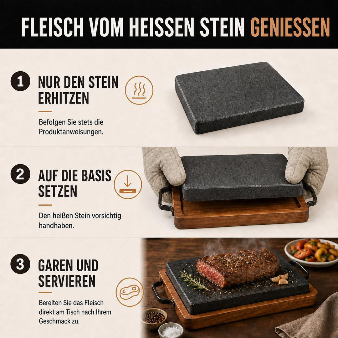 Lavastein Grillplatte mit Holztablett 27x18 cm – Heisser Stein für Steak &amp; Fleisch – BBQ Servierplat