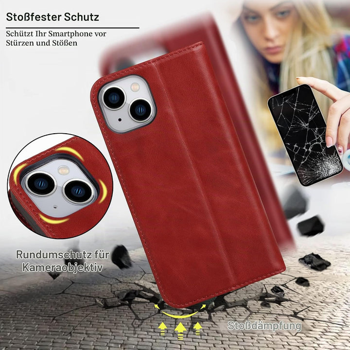 VISOUL Hülle für iPhone 15, Schutzhülle [Echt Leder] [Schützt vor Stoss] [Kartenfach] [Magnetverschl