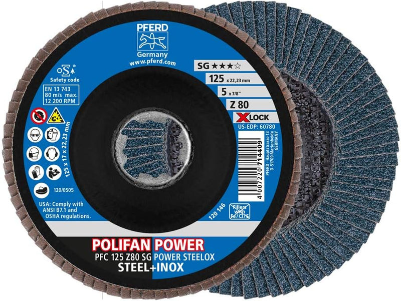 PFERD Fächerscheibe POLIFAN POWER, 10 Stück, 125mm, Z80, X-LOCK (22,23 mm), SG STEELOX, 67788127 – f