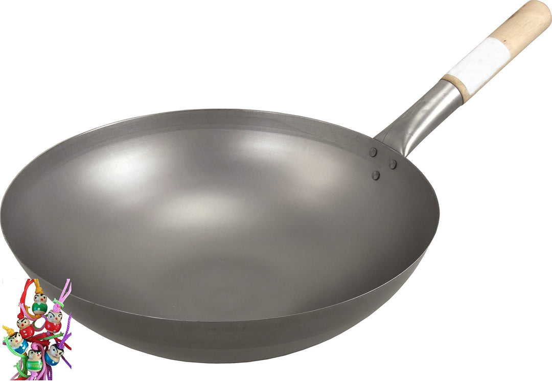 Wok, Asiatische Eisenpfanne, Küchen Wok Ø 35 cm mit runder Boden, Holzgriff + GRATIS ein kleines Glü