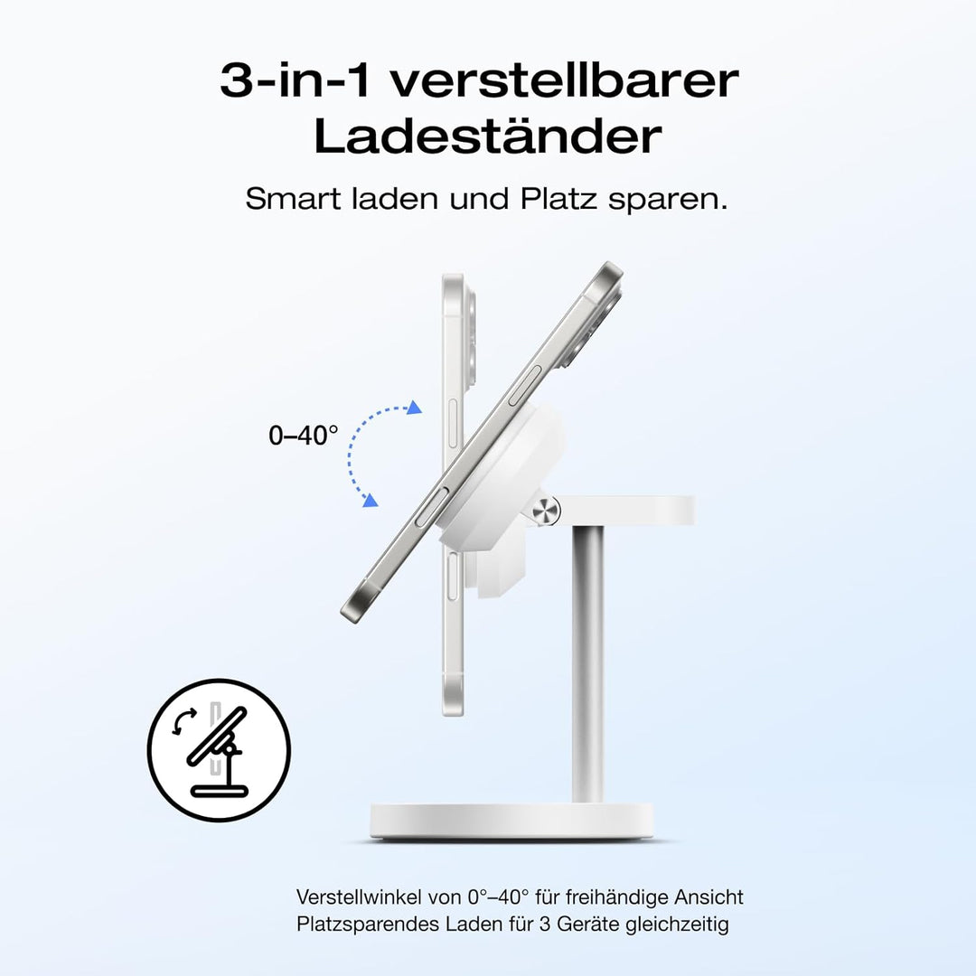 EcoFlow 3 in 1 Qi2 Magsafe Apple Ladestation mit Verstellbarer Ständer, Kabellose iPhone Ladestation