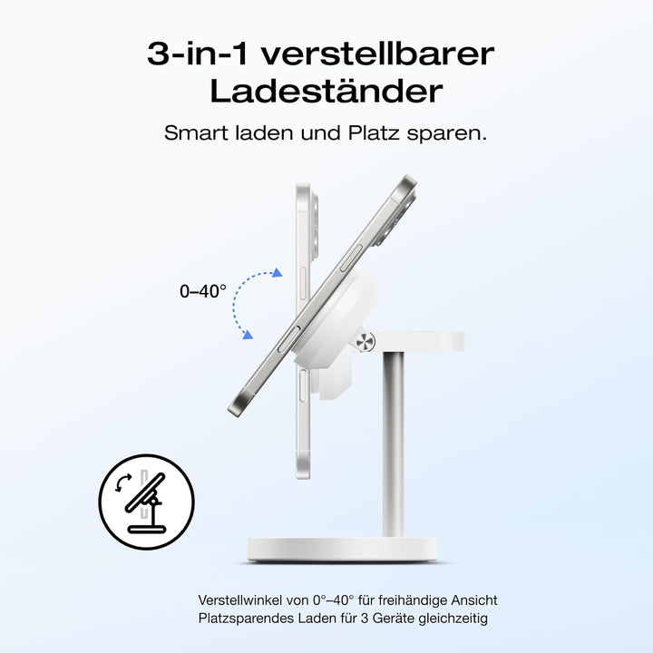 EcoFlow 3 in 1 Qi2 Magsafe Apple Ladestation mit Verstellbarer Ständer, Kabellose iPhone Ladestation