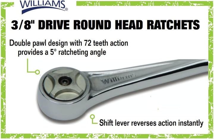 Williams B-52A 3/8-Zoll-Rundkopfratsche Rundkopf-Ratsche 7 5/8 Inch Chrom-finish, Rundkopf-Ratsche 7