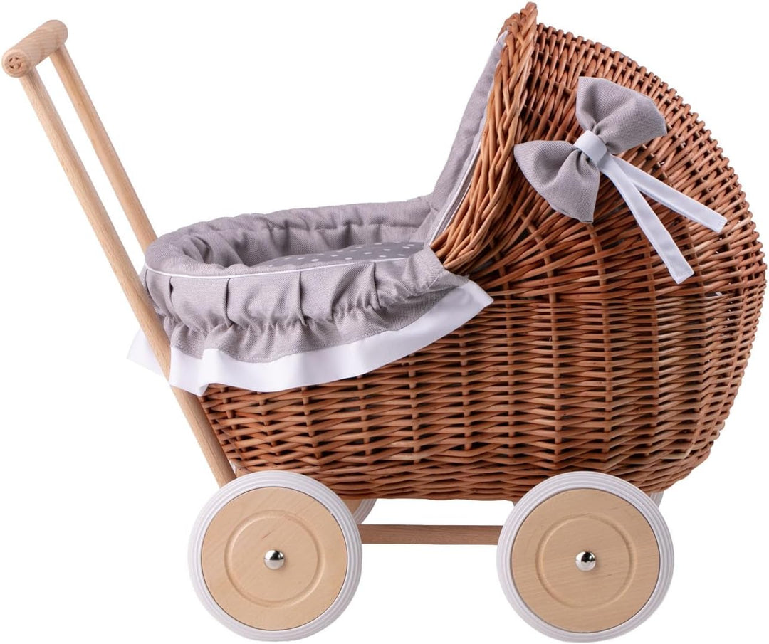 e-wicker24 Alles aus Weide Puppenwagen aus Weide mit Bettwäsche perfekte Geschenkidee Korbpuppenwage