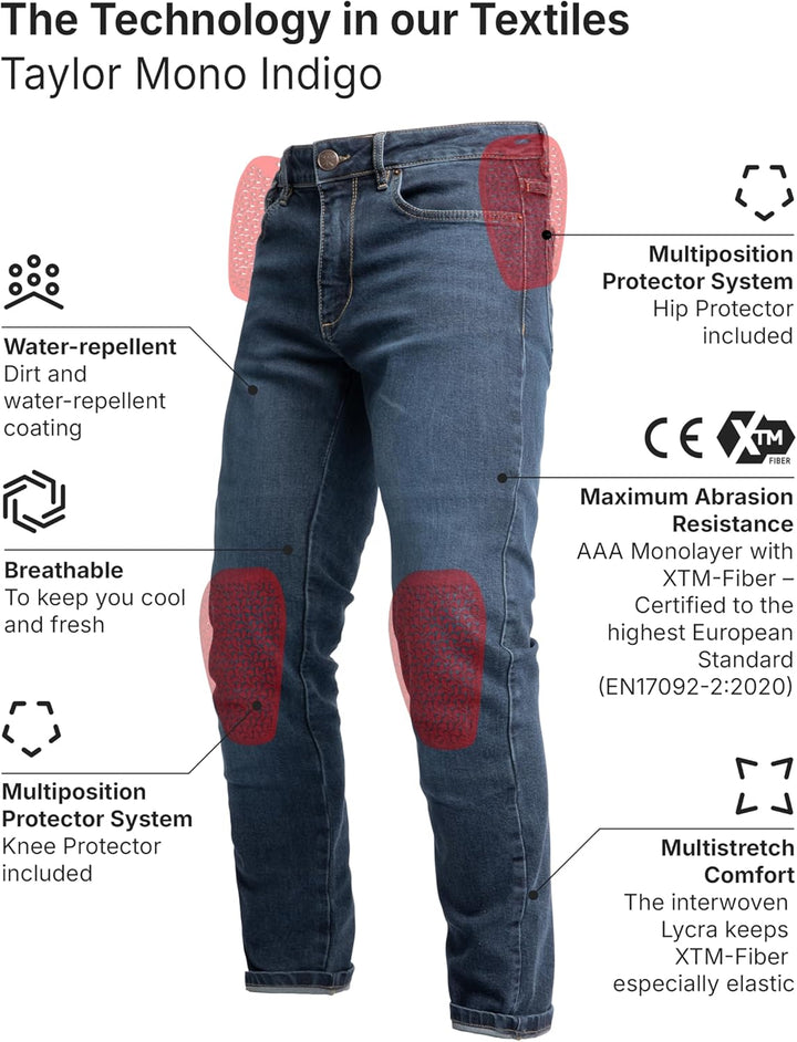 John Doe Taylor Monolayer XTM Motorrad Jeans Stretch Atmungsaktiv mit Protektoren 28W / 34L Indigo,