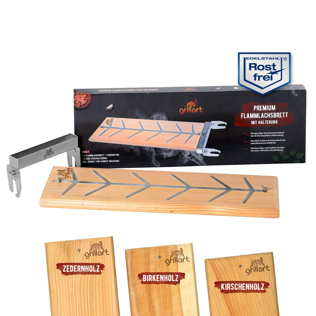 grillart® Premium Flammlachsbrett mit Halterung (Birkenholz) aus Edelstahl für herrlichen Flammlachs