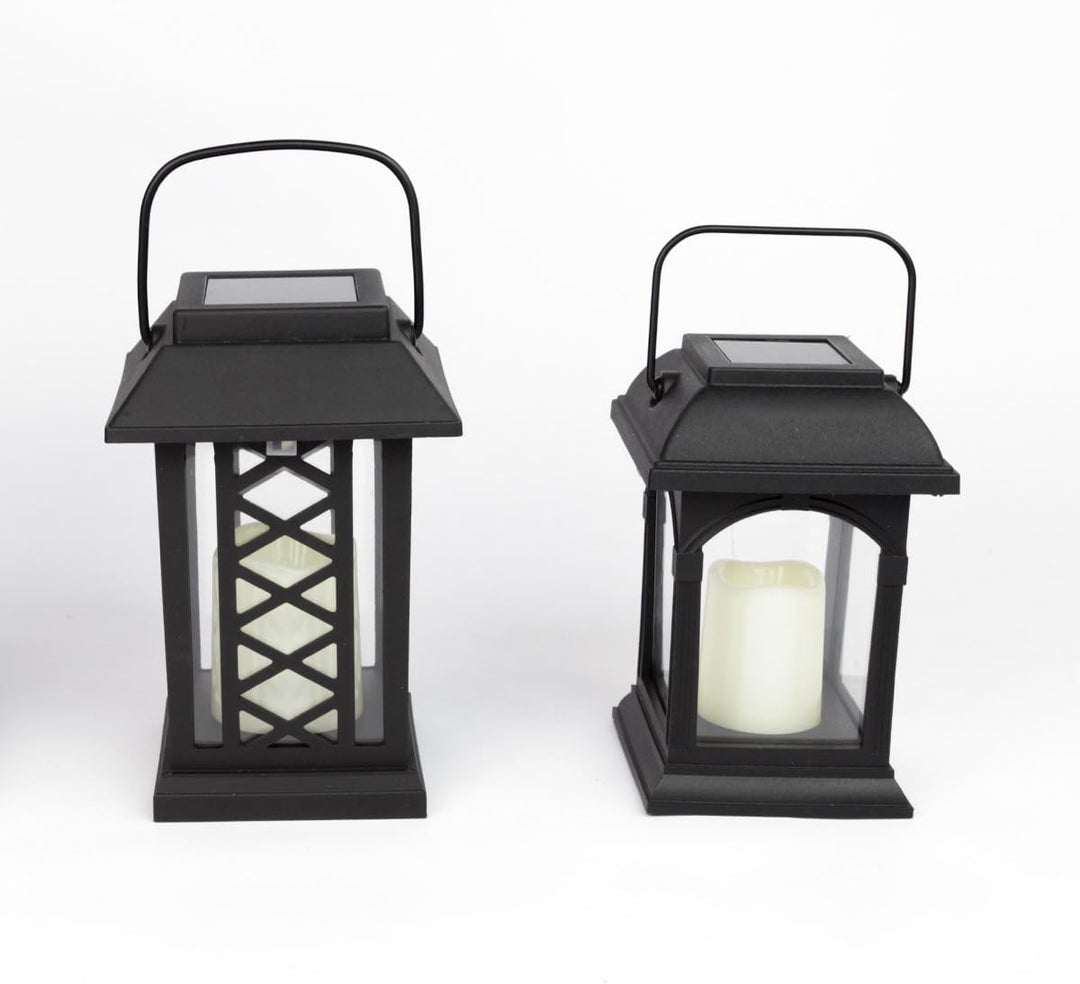 Festive Lights 2-er Set: Schwarze Solar Laternen mit LED Kerzen und täuschend echt wirkenden Flacker