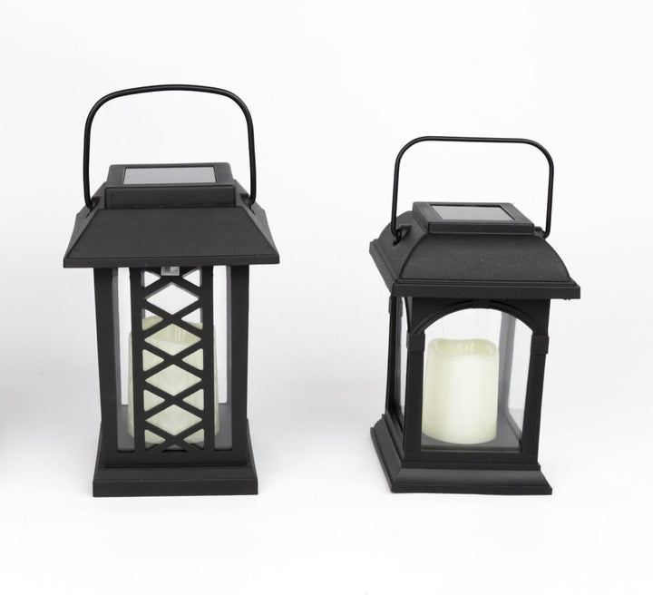 Festive Lights 2-er Set: Schwarze Solar Laternen mit LED Kerzen und täuschend echt wirkenden Flacker