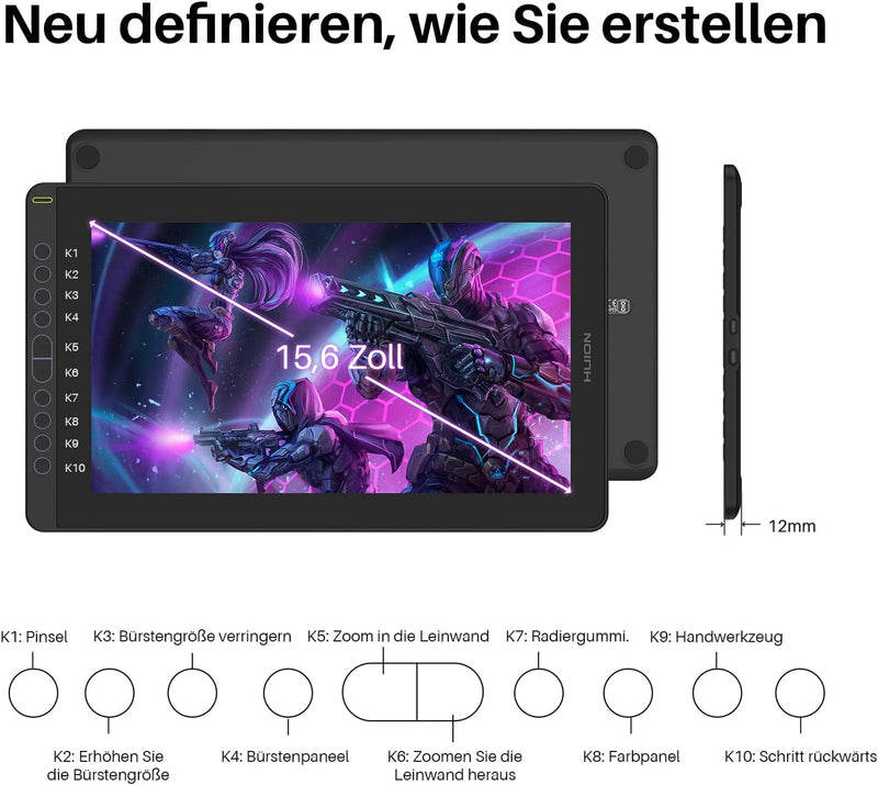 HUION Kamvas 16 Grafiktablett mit Display,15,6-Zoll Volllaminatbildschirm Pen Display, 10 programmie