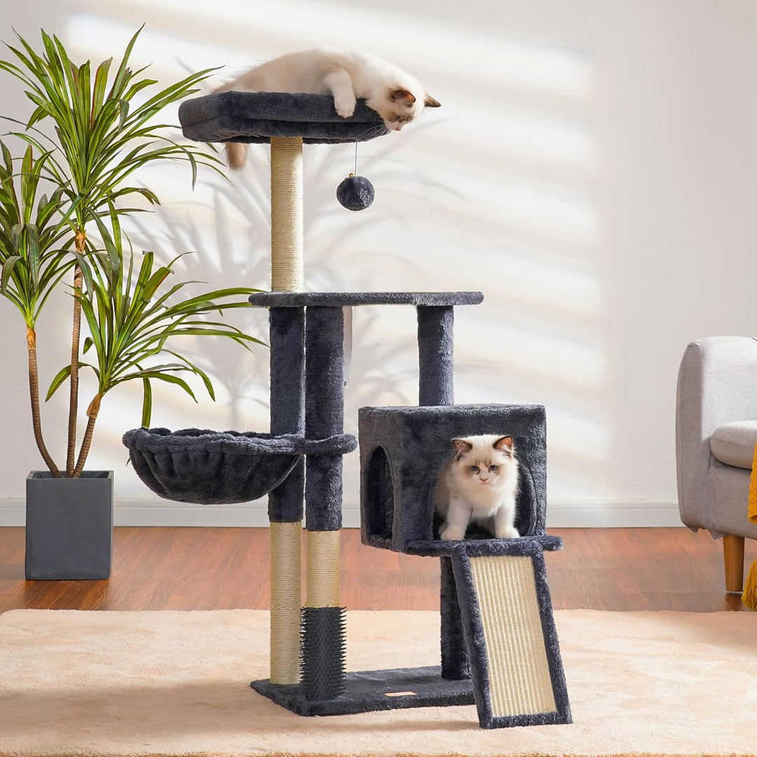 Heybly Kratzbaum mit Katzenbürste, Katzenbaum für Hauskatzen mit Gepolsterter Sitzstange aus Plüsch,