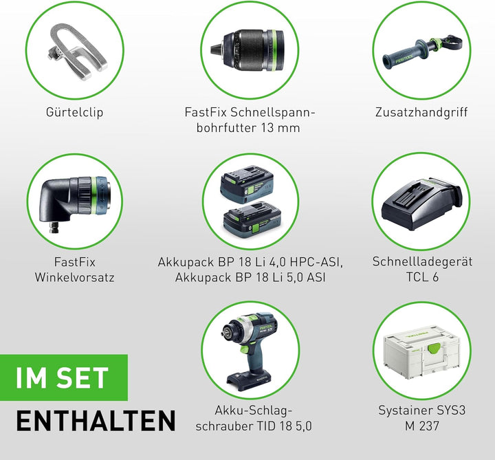 Festool – Schrauber- & Bohrer-Set TID 18 5,0/4,0-Set TPC 18/4 inkl. TID 18 + TPC 18/4 + Akkupacks +