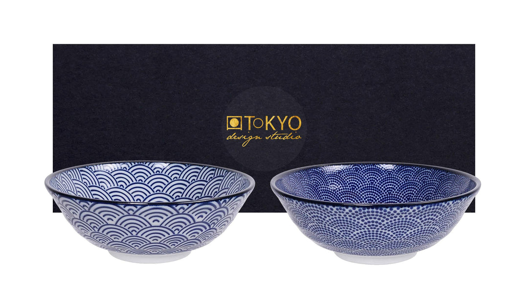 TOKYO design studio Nippon Blue 2-er Schalen-Set blau-weiss, Ø 21 cm, ca. 1000 ml, asiatisches Porze