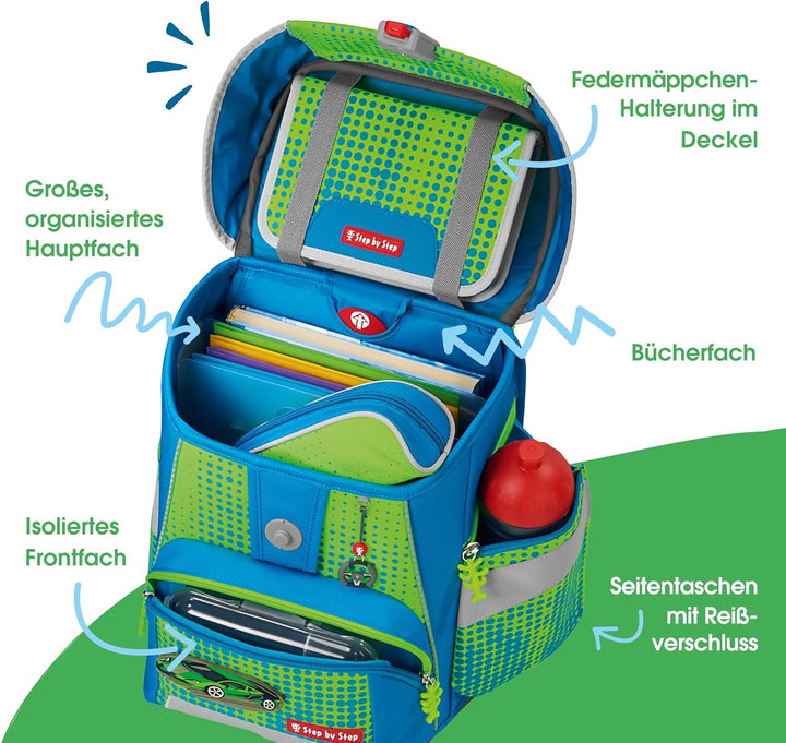Step by Step Schulranzen-Set Space NEON Race Car Chuck, 5-teilig, grün, ergonomischer Tornister mit