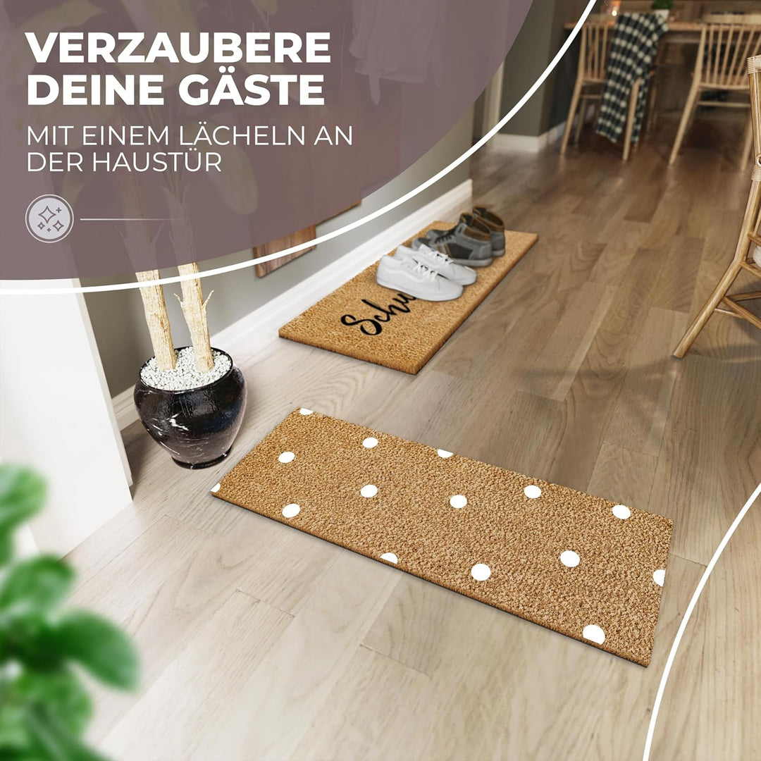 Kokos Fussmatte 75x25cm Punkte in weiss I Extra langlebige & rutschfeste Kokosmatte I Für Innen & Üb