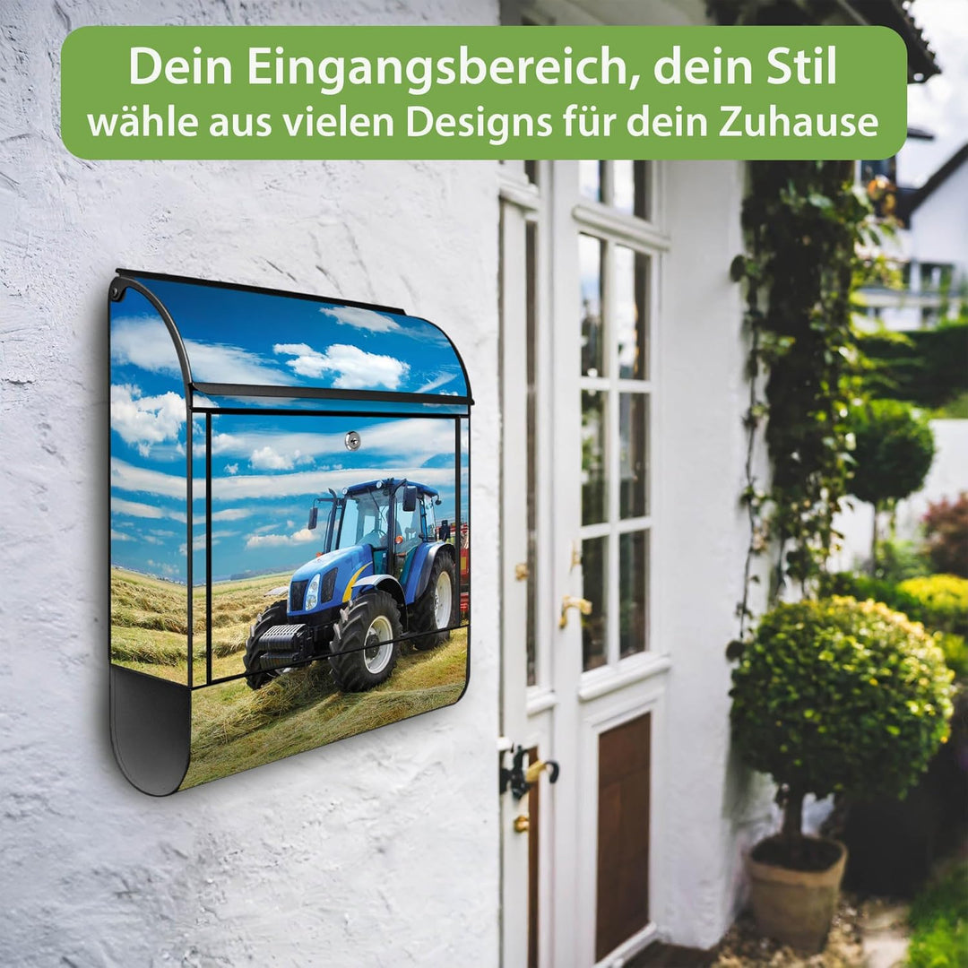 banjado® Design Briefkasten mit Motiv Traktor 39x47x14cm &amp; 2 Schlüssel - Briefkasten Stahl schwarz m