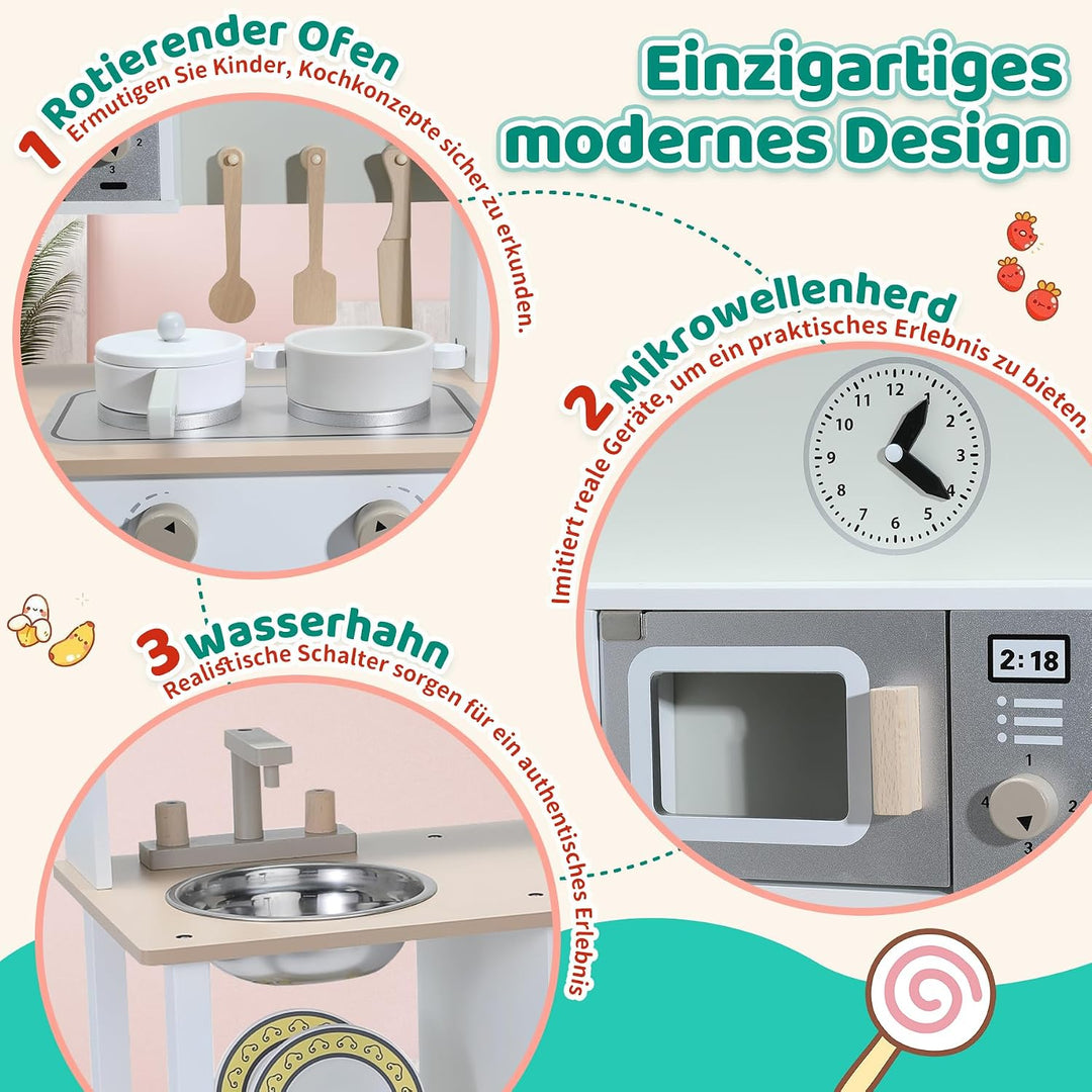 Kinderküche aus Holz mit Zubehör, Spielküche für Kinderzimmer, inkl. Herd, Ofen, Mikrowelle, Kühlsch