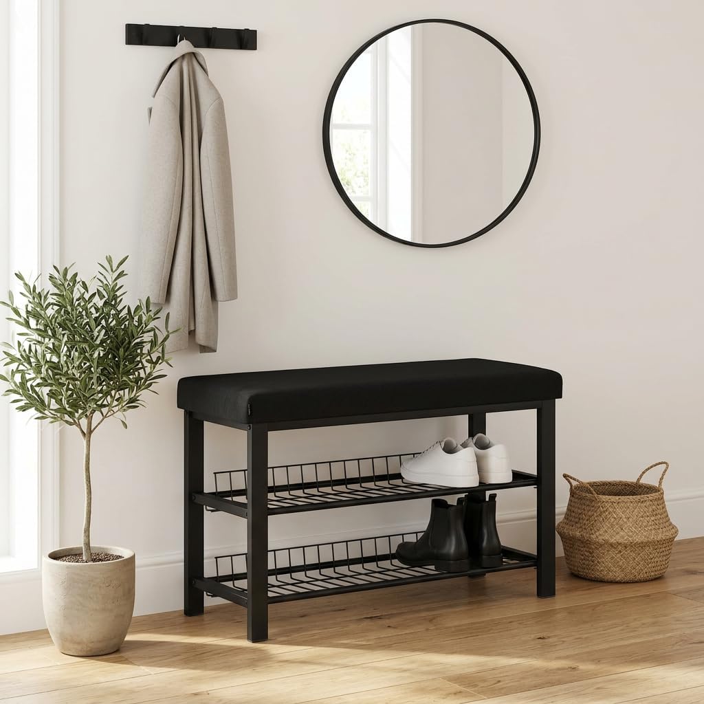 stabiles Schuhregal mit Sitzbank platzsparende Schuhbank mit 2 Gitterablagen 81x50x32 cm, formschöne