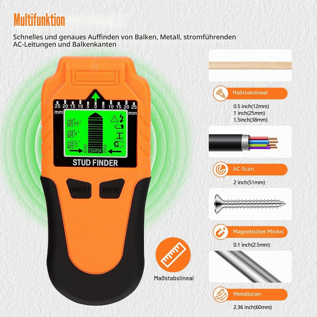 Leitungssuchgerät 6-in-1 Wandscanner – Verbesserter Balkenfinder mit LCD-Display &amp; Signalton, Präzis
