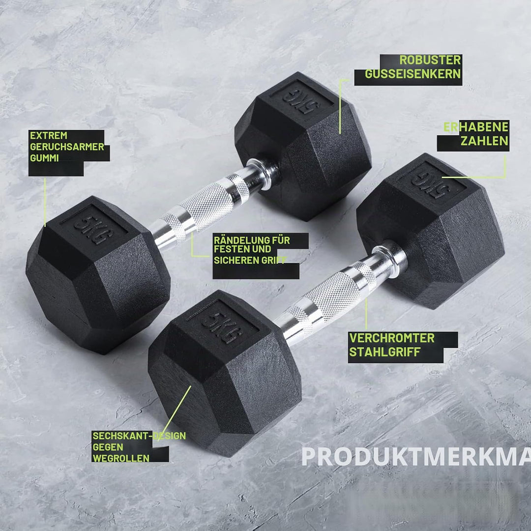 PhysKcal Hexagon Hanteln Poly-Gummierte | 2,5-20 kg | Rutschsicher Ummantelt | Ergonomische Verchrom