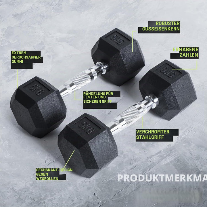 PhysKcal Hexagon Hanteln Poly-Gummierte | 2,5-20 kg | Rutschsicher Ummantelt | Ergonomische Verchrom