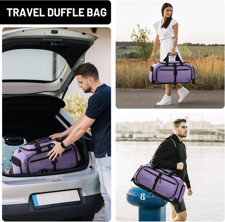MIER Sporttasche 50L faltbar, Reisetasche mit Schuhfach, Weekender, Lila | Separates belüftetes Schu
