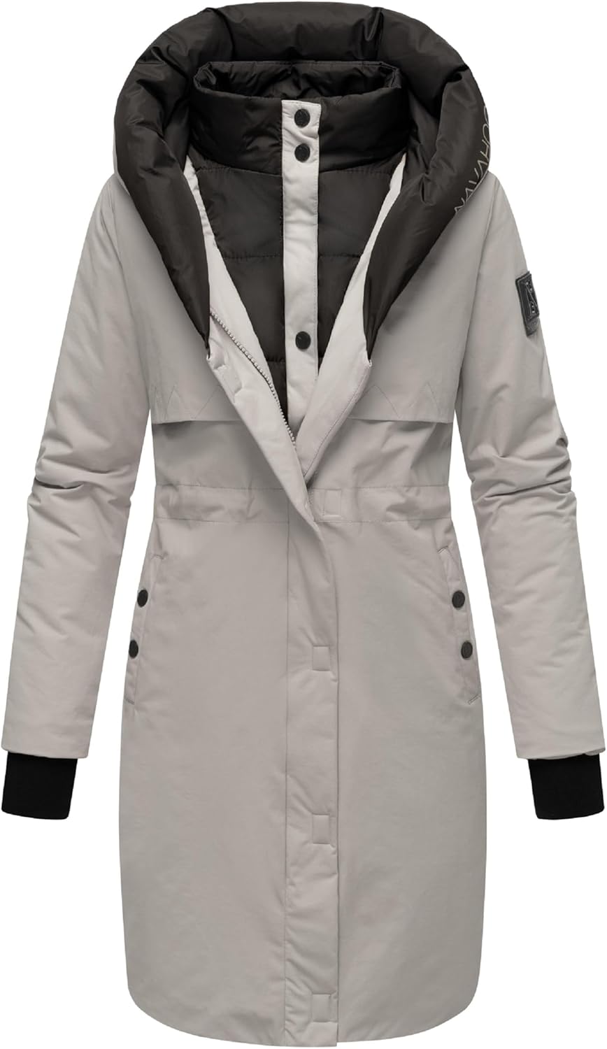 Navahoo Damen Mantel Lange warme Winter Steppjacke mit Kapuze und magnetischen Elementen Snowelf XS-