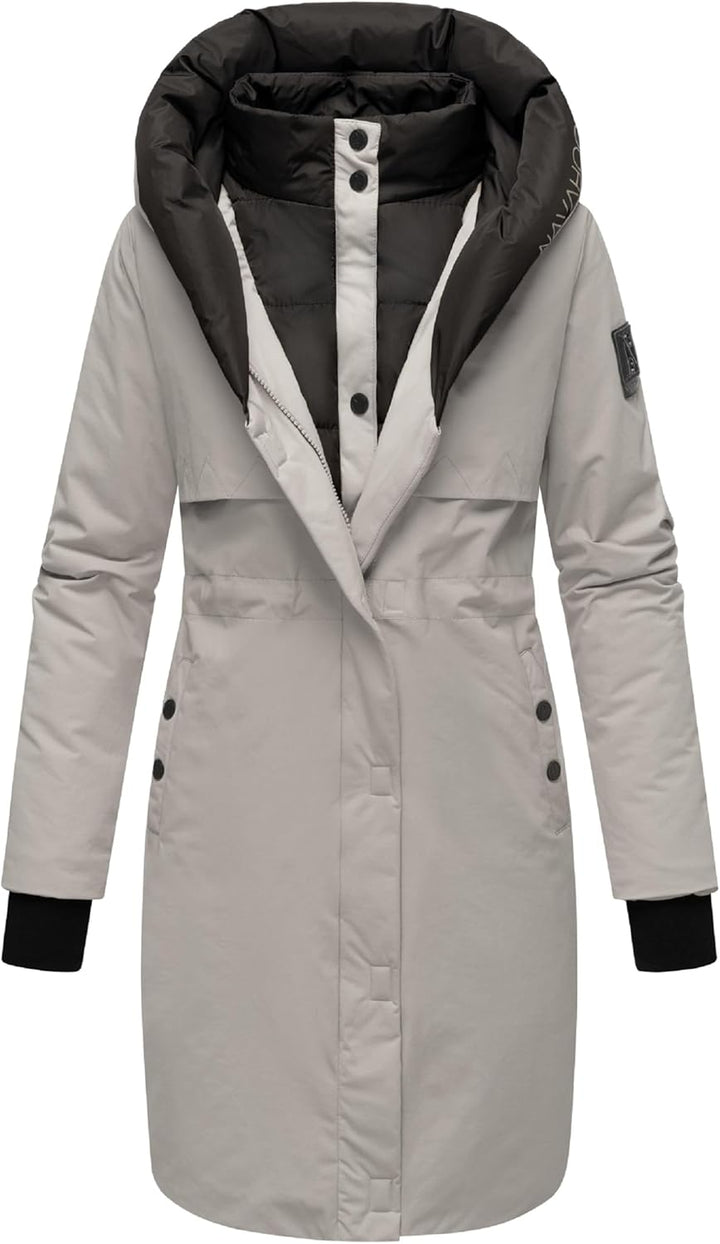 Navahoo Damen Mantel Lange warme Winter Steppjacke mit Kapuze und magnetischen Elementen Snowelf XS-